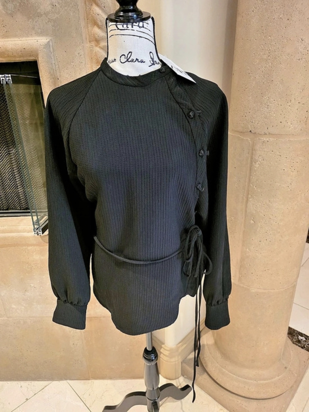 Zara Oversize Blouse Black Textured Long Sleeve Blouse